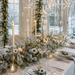 Glass star winter tablescape with crystal place settings white flowers candlelight and editorial headline