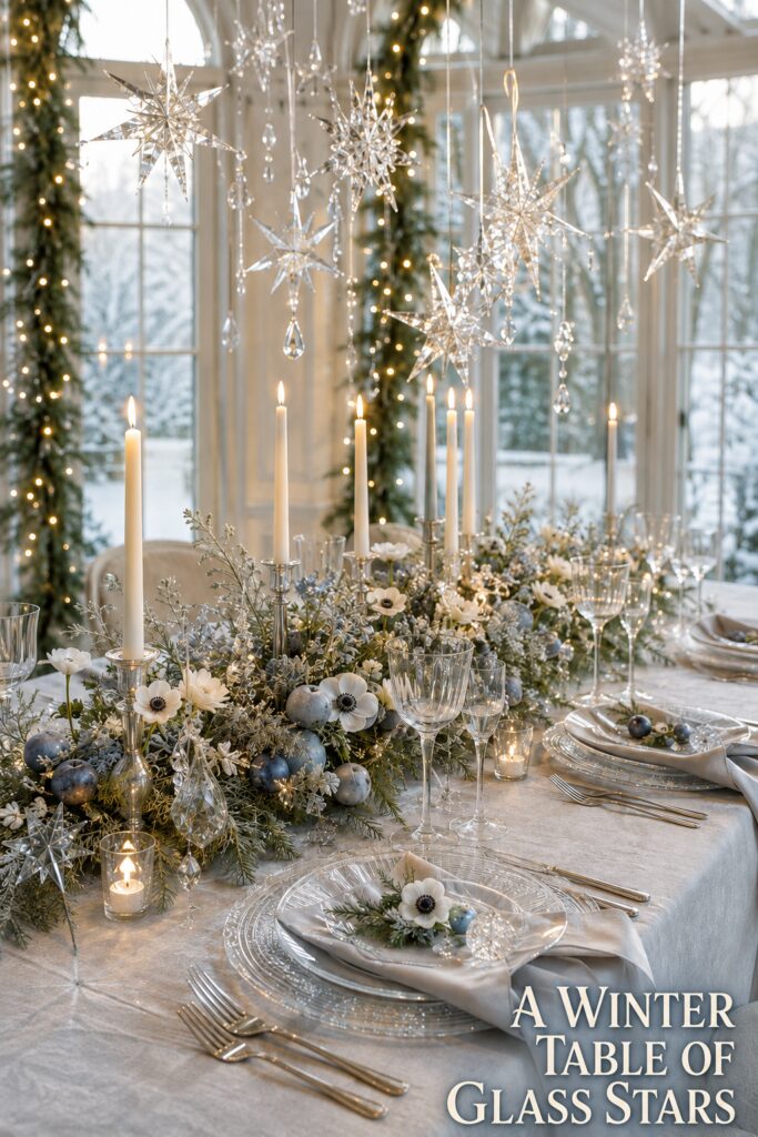 Glass star winter tablescape with crystal place settings white flowers candlelight and editorial headline