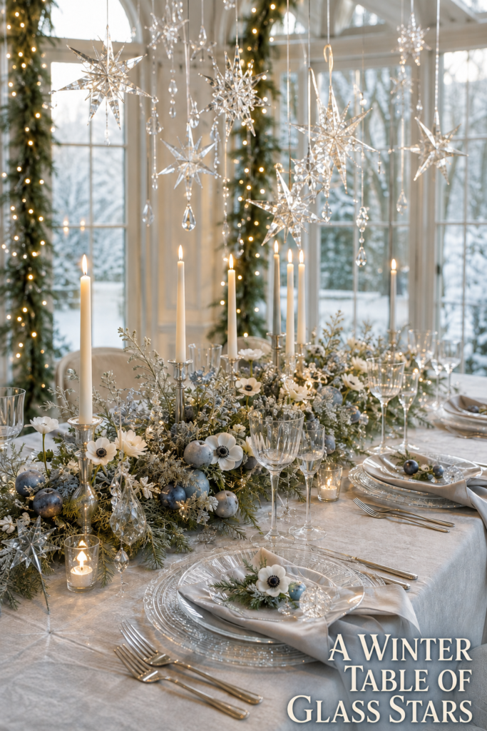 Glass star winter tablescape with crystal place settings white flowers candlelight and editorial headline