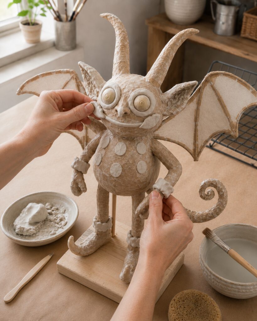 Adding facial details to a paper-mache creature