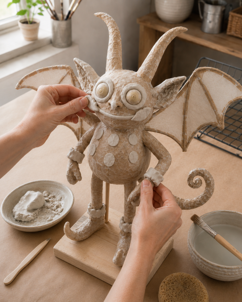 Adding facial details to a paper-mache creature