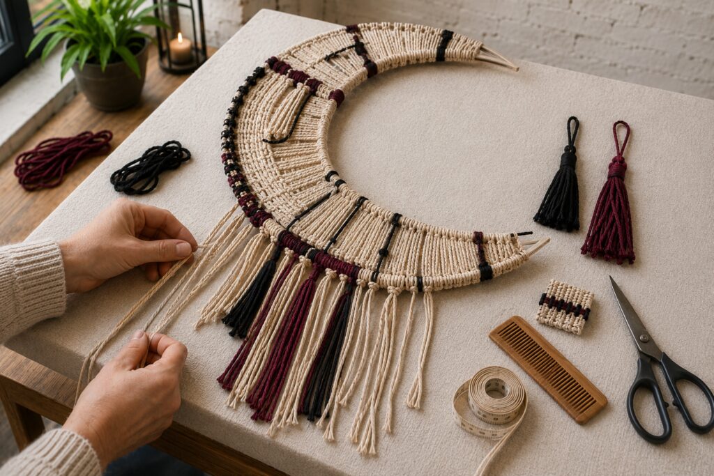 Adding fringe to a woven crescent