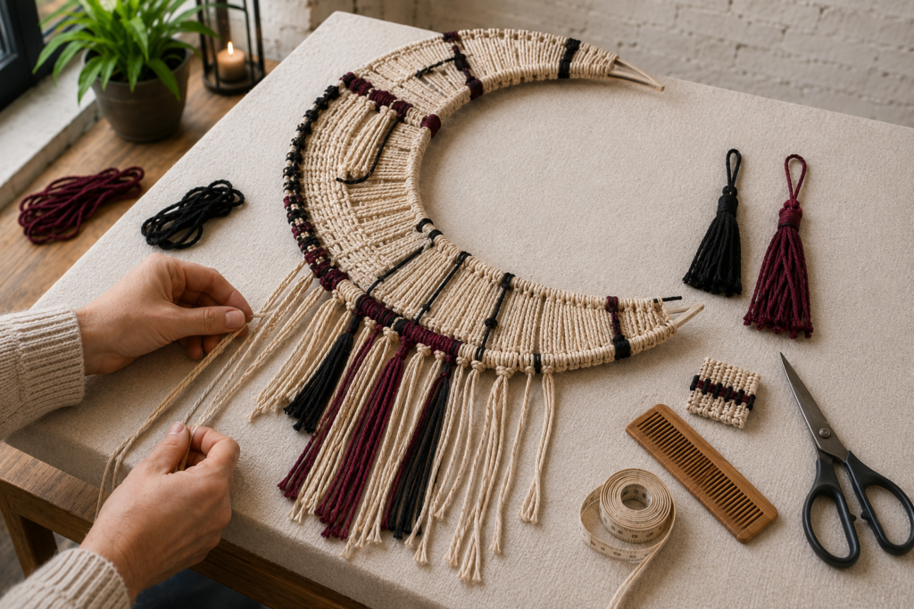 Adding fringe to a woven crescent