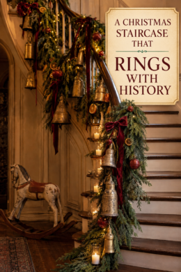 Antique Bells and Christmas Garland on Curved Staircase