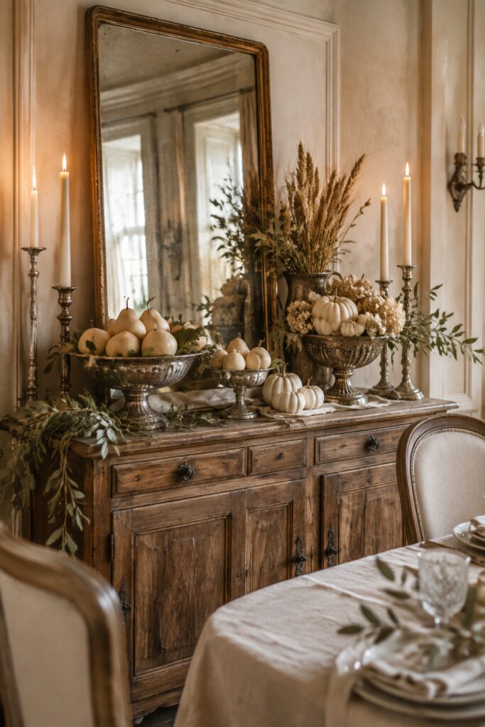 Antique silver bowls filled with pears and ivory pumpkins on a rustic Thanksgiving sideboard