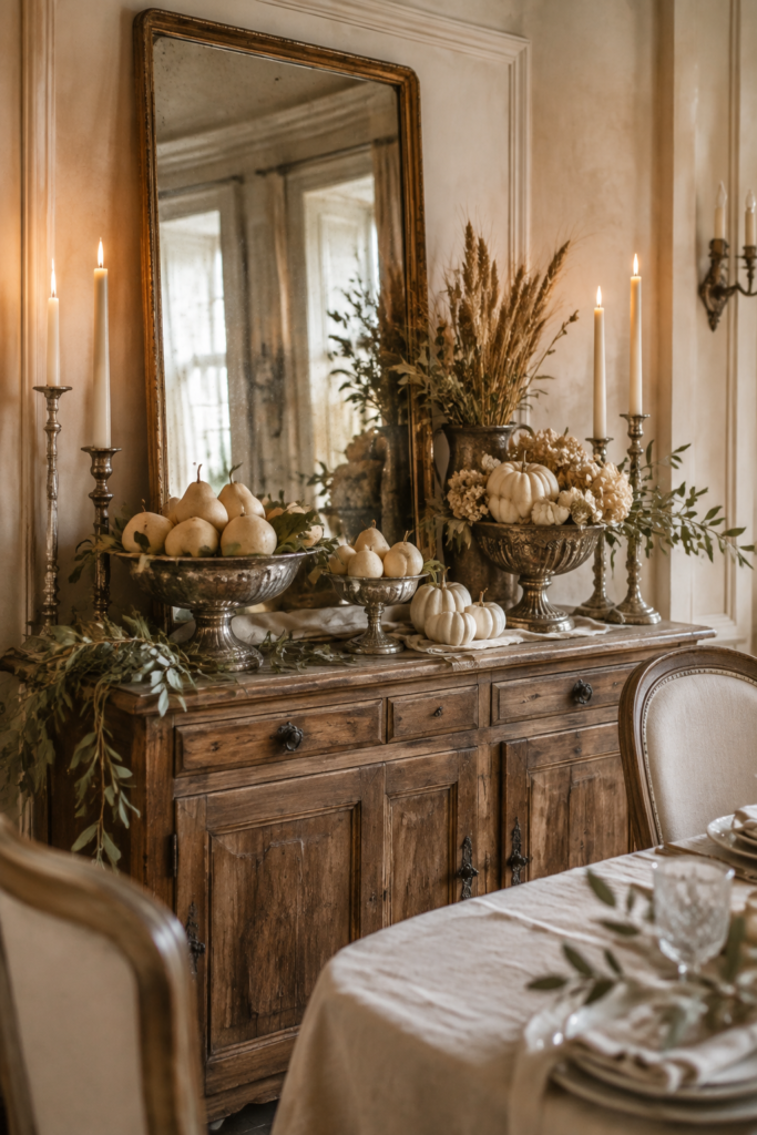 Antique silver bowls filled with pears and ivory pumpkins on a rustic Thanksgiving sideboard