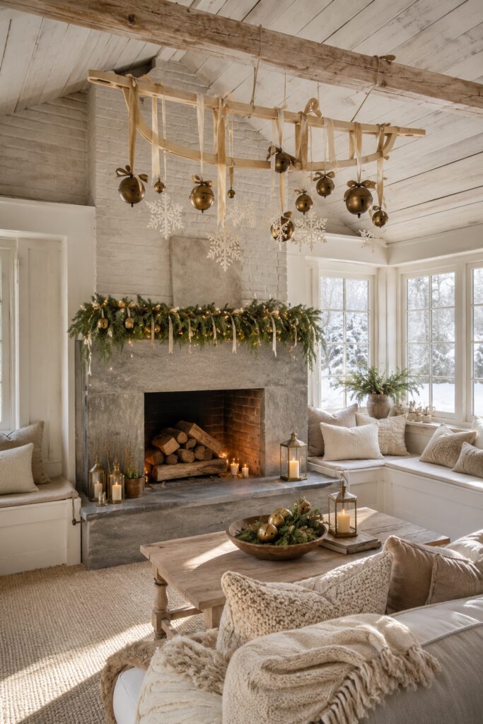 Antique wooden sled with brass bells above a stone fireplace in a neutral Christmas keeping room