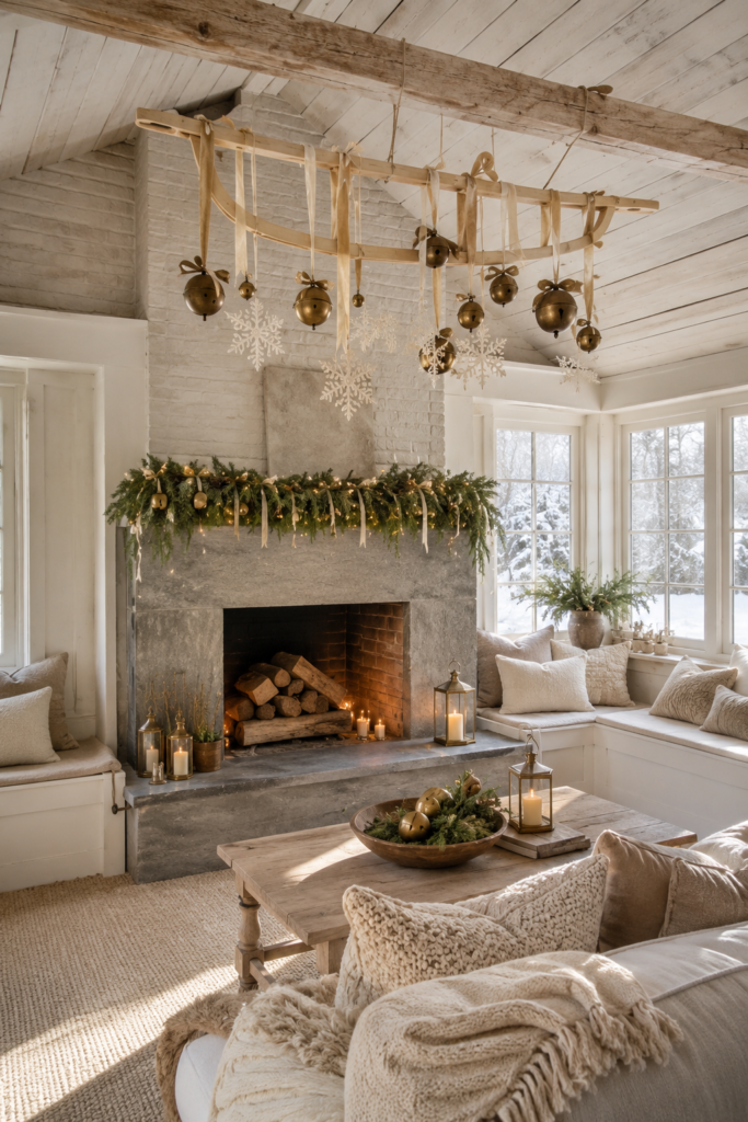 Antique wooden sled with brass bells above a stone fireplace in a neutral Christmas keeping room