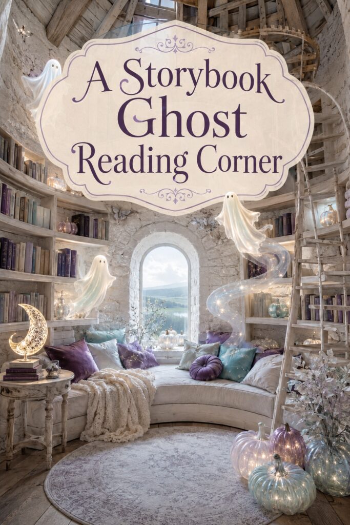 Aqua and Purple Halloween Reading Corner with Luminescent Ghosts and Translucent Pumpkins
