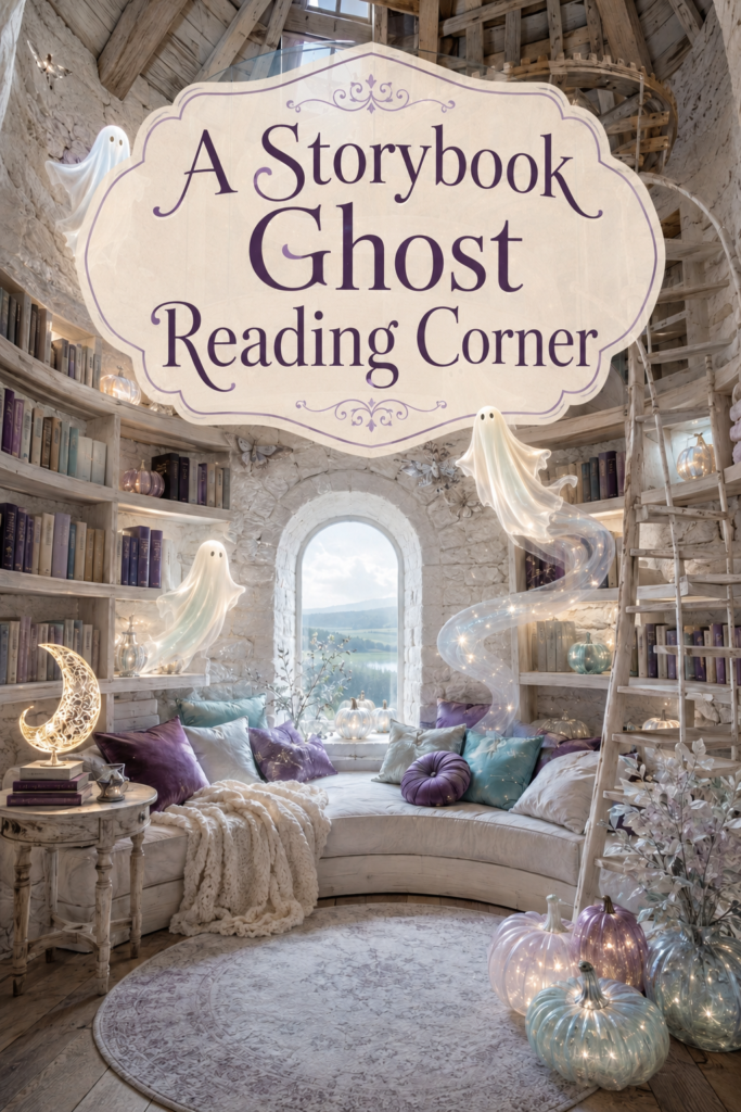 Aqua and Purple Halloween Reading Corner with Luminescent Ghosts and Translucent Pumpkins