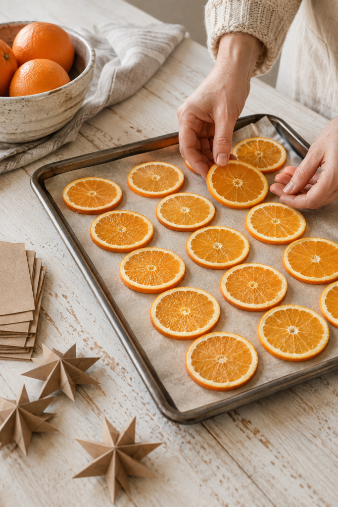 Arranging orange slices for a rustic garland