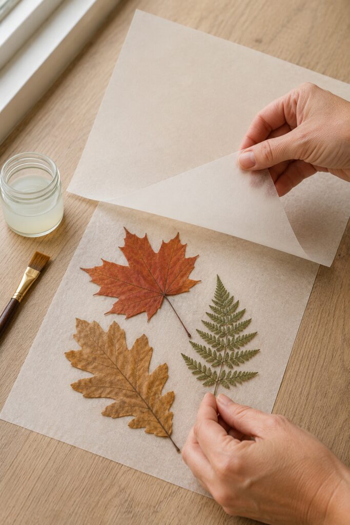 Arranging pressed leaves for a lantern panel