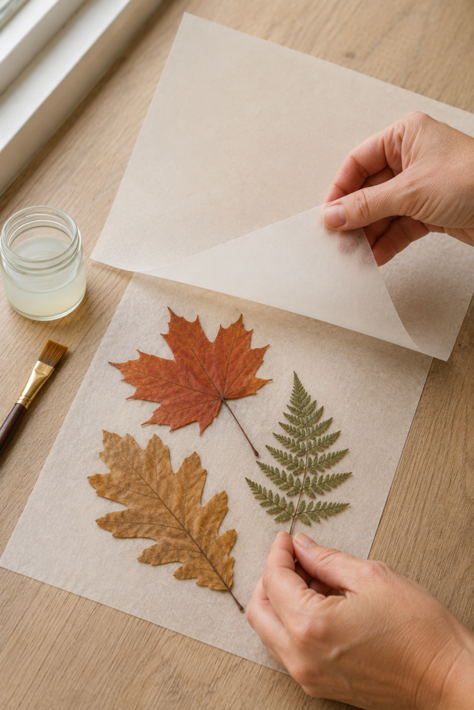 Arranging pressed leaves for a lantern panel