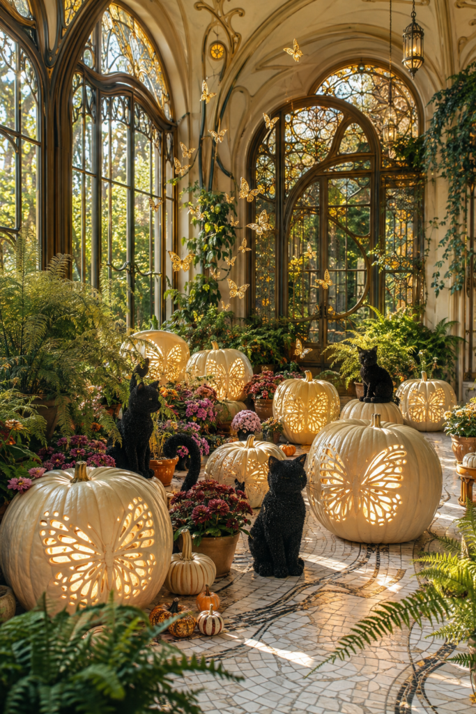 Pumpkin butterfly lantern garden with glowing ivory pumpkins black cats gold butterflies ferns and flowers in an Art Nouveau solarium