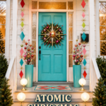 Turquoise holiday entry with atomic Christmas porch headline geometric garlands ornament planters and gold starbursts
