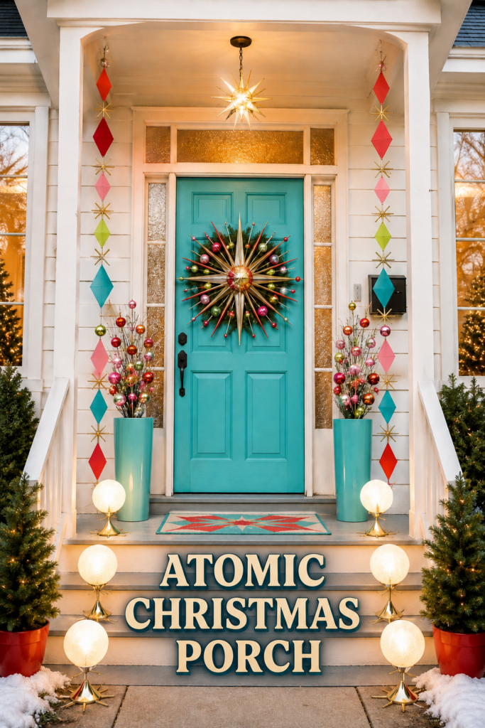 Turquoise holiday entry with atomic Christmas porch headline geometric garlands ornament planters and gold starbursts