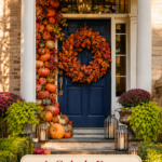 fall pumpkin entryway with cobalt door oversized wreath and warm autumn headline