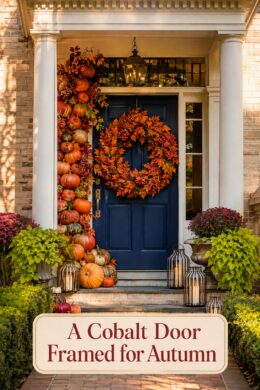 fall pumpkin entryway with cobalt door oversized wreath and warm autumn headline