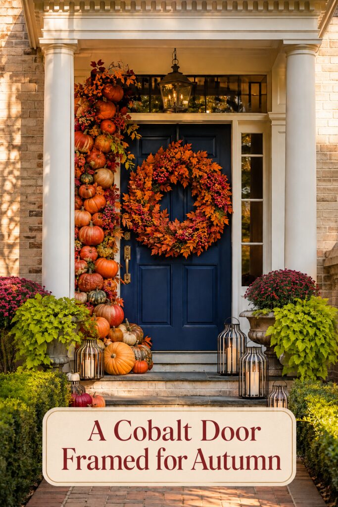 fall pumpkin entryway with cobalt door oversized wreath and warm autumn headline