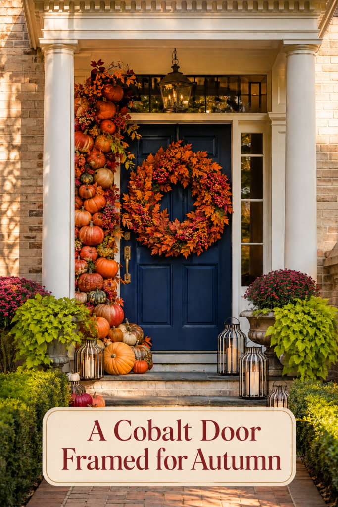 fall pumpkin entryway with cobalt door oversized wreath and warm autumn headline