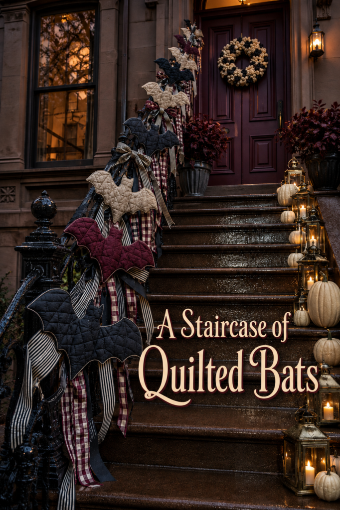 Berry and Cream Quilted Bat Halloween Outdoor Stair Railing