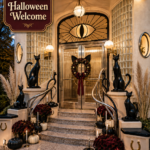 Black Cat Eye and Wreath Modern Halloween Front Door