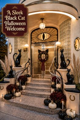 Black Cat Eye and Wreath Modern Halloween Front Door