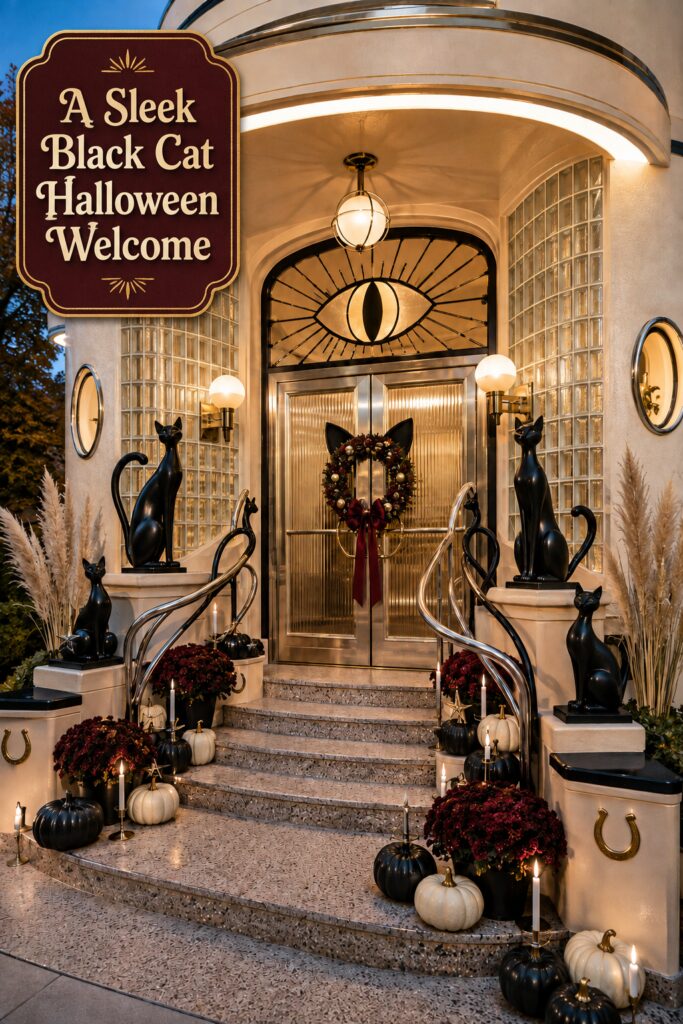 Black Cat Eye and Wreath Modern Halloween Front Door