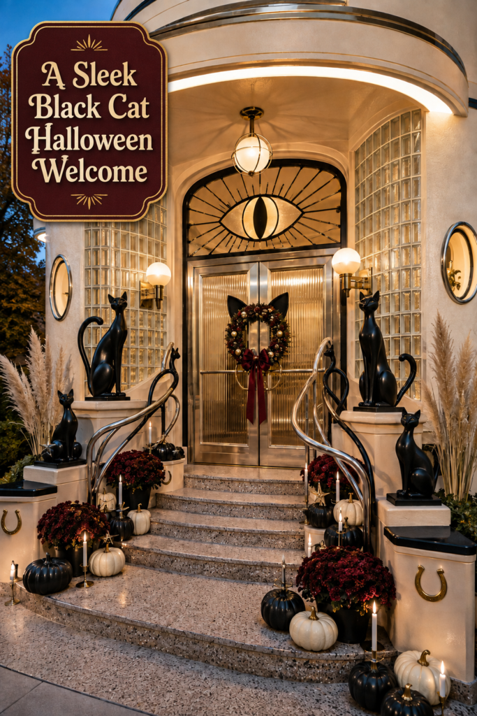 Black Cat Eye and Wreath Modern Halloween Front Door