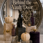 Black Cat and Gilded Spiders in Halloween Bank Vault
