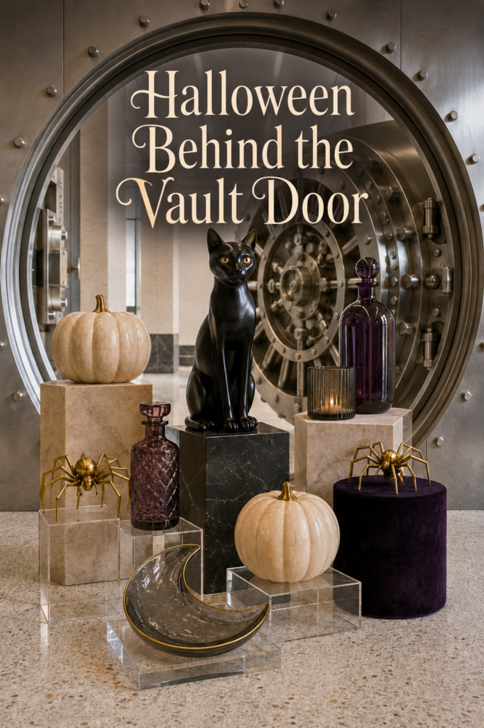 Black Cat and Gilded Spiders in Halloween Bank Vault