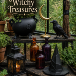 Black Halloween Hat and Cauldron in Greenhouse Background