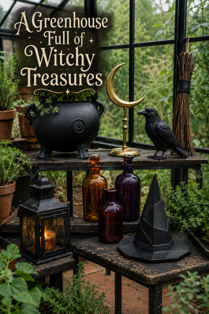 Black Halloween Hat and Cauldron in Greenhouse Background