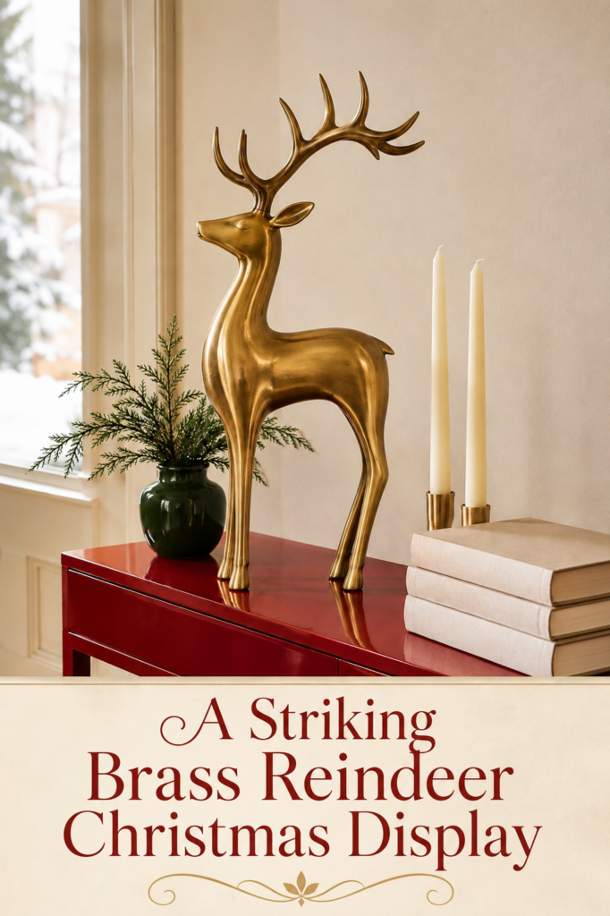 Brass Reindeer Books and Candle on Red Wood Table
