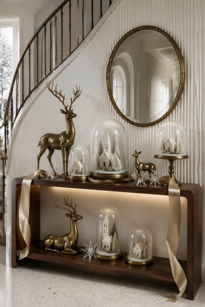 Brass reindeer Christmas console with frosted village cloches champagne ribbon glass stars and an antique oval mirror