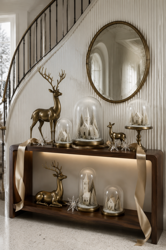 Brass reindeer Christmas console with frosted village cloches champagne ribbon glass stars and an antique oval mirror