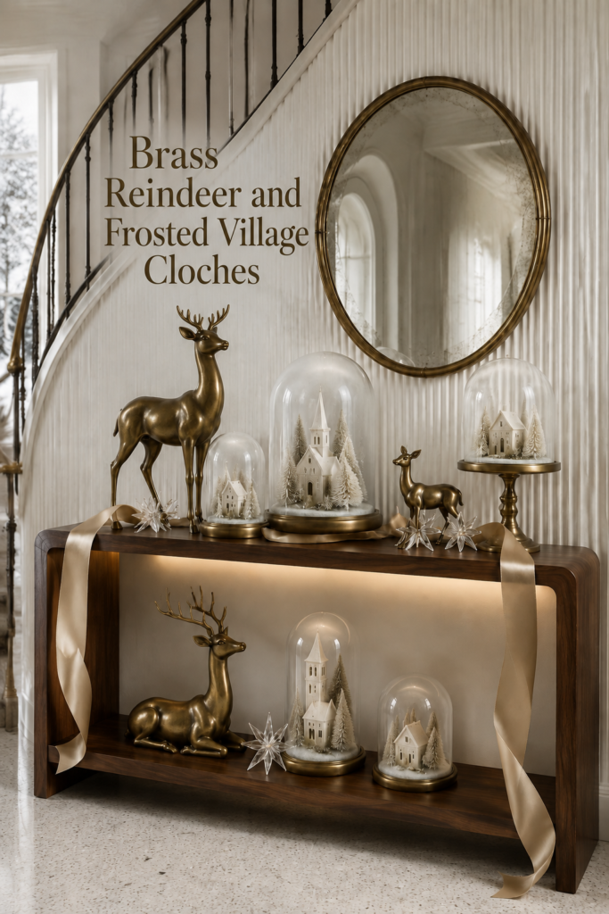 Brass Reindeer and Frosted Village Cloches title above a walnut console filled with miniature snowy Christmas scenes