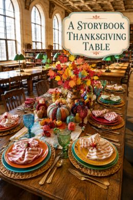 Bright Fall Color in Library Thanksgiving Table Setting
