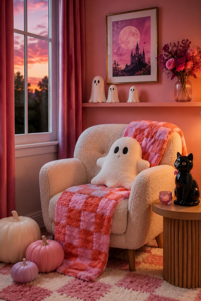 Bright pink Halloween reading nook with white chair and white ghost