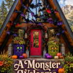 Brightly Colored Halloween Monters Around A-Frame Door