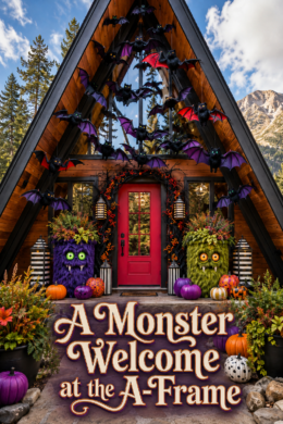 Brightly Colored Halloween Monters Around A-Frame Door