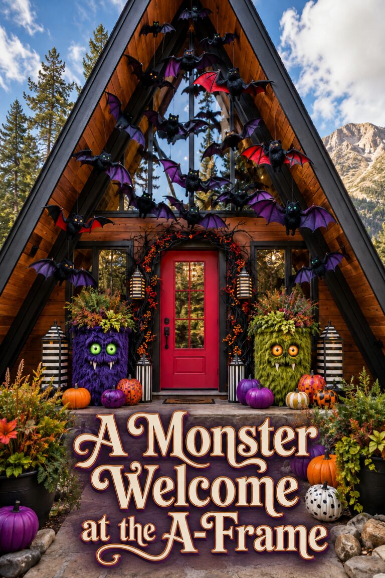 Brightly Colored Halloween Monters Around A-Frame Door