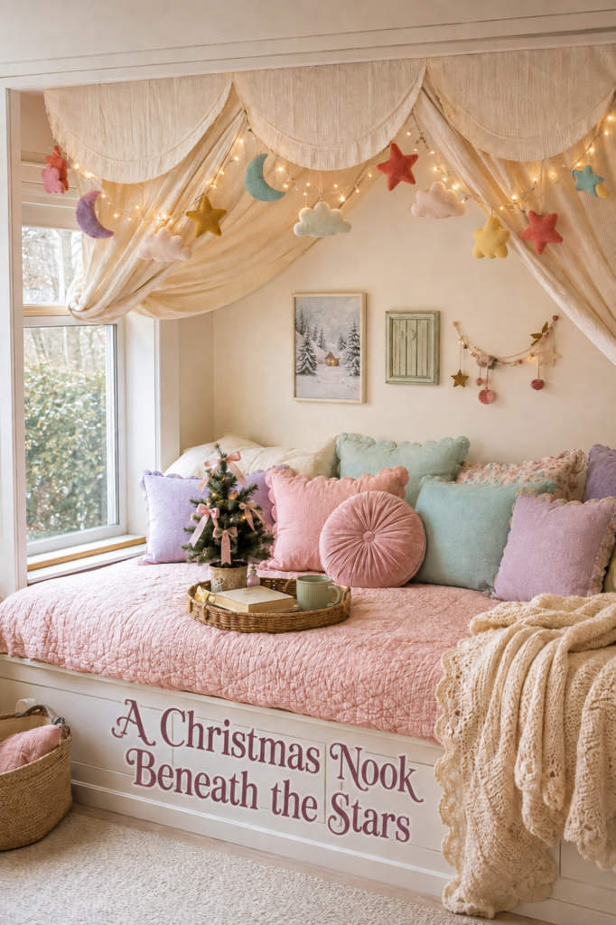Built In Daybed with Pastel Pillows and Fairy Lights