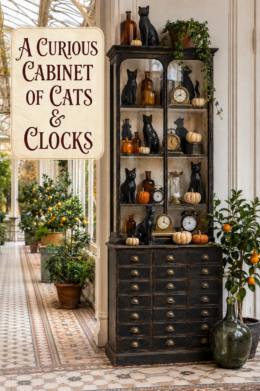 Cabinet of Black Cats and Clocks for Halloween