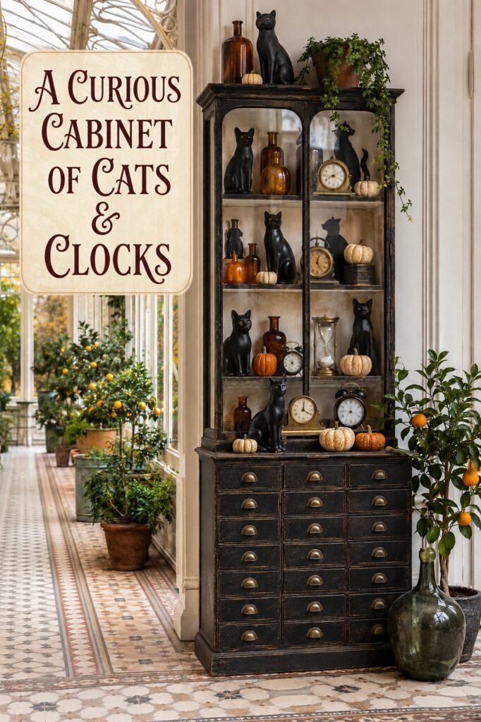 Cabinet of Black Cats and Clocks for Halloween