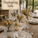 Elegant Thanksgiving tablescape with pumpkin cameo medallions and warm editorial title text