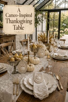 Elegant Thanksgiving tablescape with pumpkin cameo medallions and warm editorial title text
