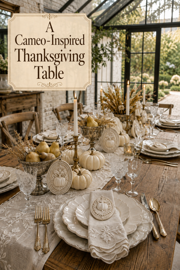 Elegant Thanksgiving tablescape with pumpkin cameo medallions and warm editorial title text