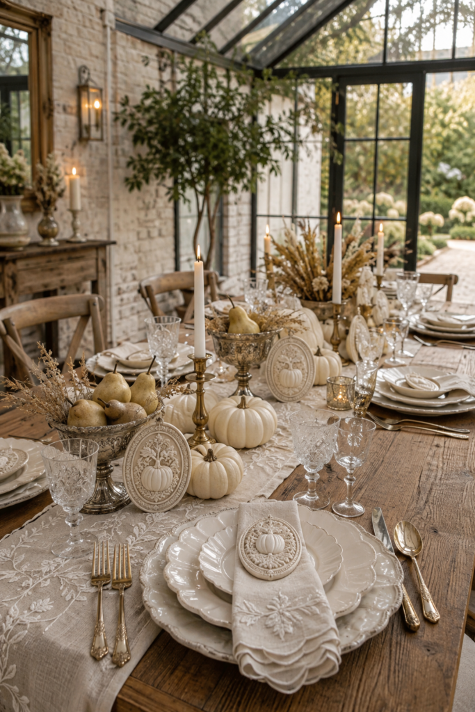 Cameo pumpkin Thanksgiving table with ivory dishes pears silver compotes and embroidered linen