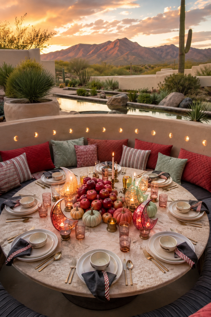 Candy apple Halloween supper with red fruit centerpiece glowing crescent lanterns and pastel pumpkins in a sunken desert garden